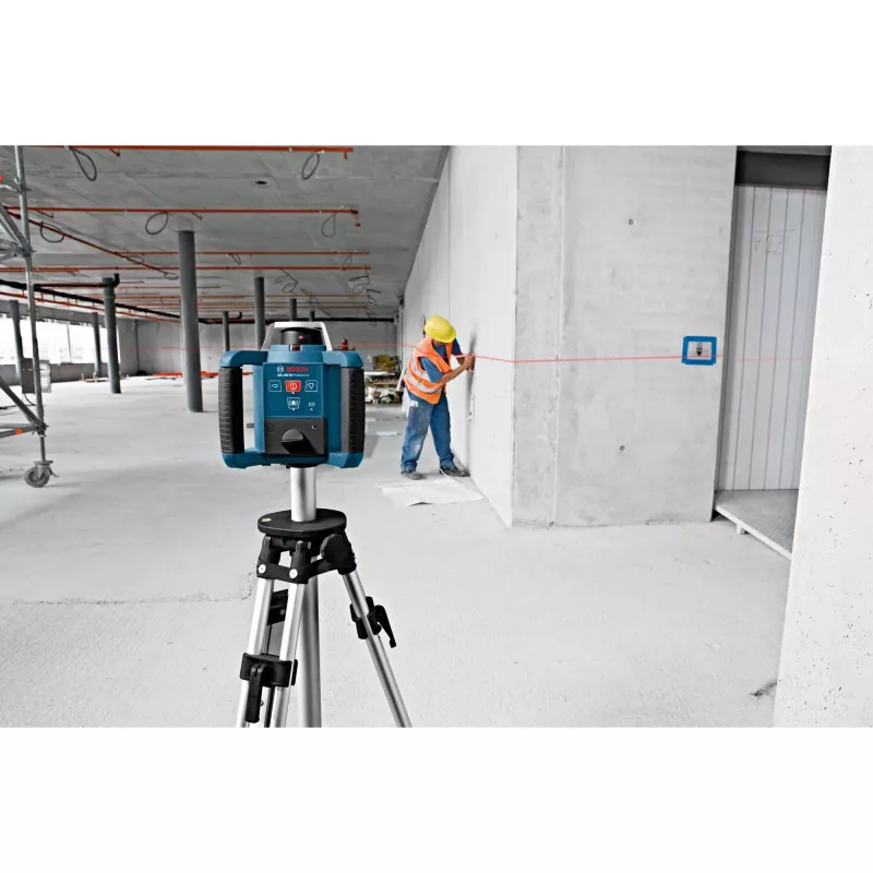 Láser rotativo GRL 300 HV Professional azul/negro, línea láser roja y punto de plomada, con soporte WM 4 y receptor láser LR 1, en maletín