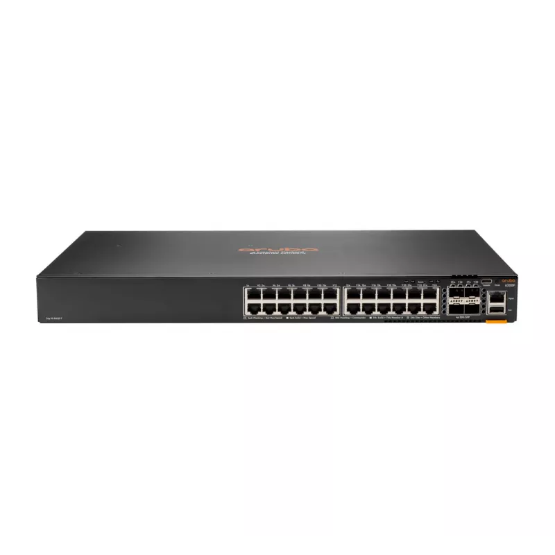 HPE - Serie Aruba - Aruba 6300F - Switch - L3 - gestionado - 24 x 10/100/1000 + 4 x 1 Gigabit / 10 Gigabit / 25 Gigabit / 50 Gigabit SFP56 (Uplink / Stacking) frontal y lateral a posterior