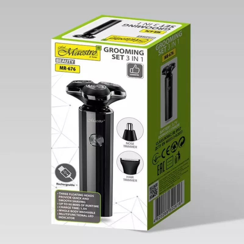 Set de afeitado Maestro MR-676 3 en 1 USB recargable diseño compacto