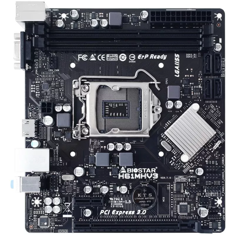 Placa base BIOSTAR H61MHV3 micro ATX, chipset Intel H61, LGA 1155, DDR3, 2x DIMM, 4x SATA II, HDMI, VGA