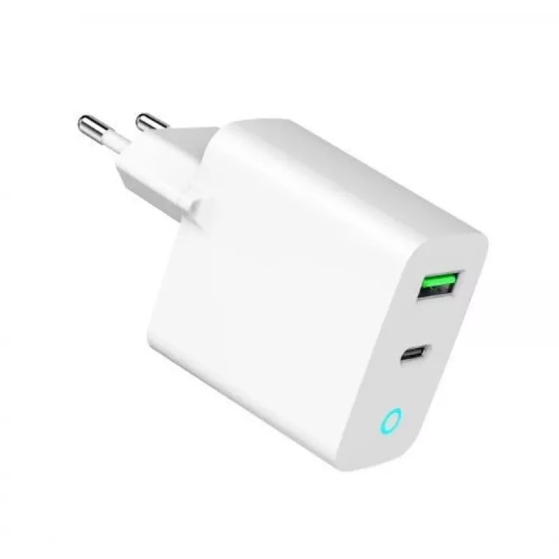 Cargador de red 220V GEMBIRD, universal, 1x USB Type-C PD 20 W, 1x USB-A 3.0 QC 18 W, indicador LED, blanco