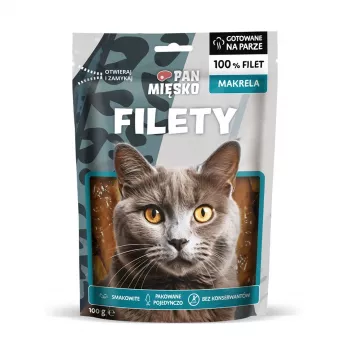 Snacks húmedos para gatos Pan Miesko filetes de caballa Adult 100 g — filetes de pescado en raciones, 25 % proteína, 70 % humedad