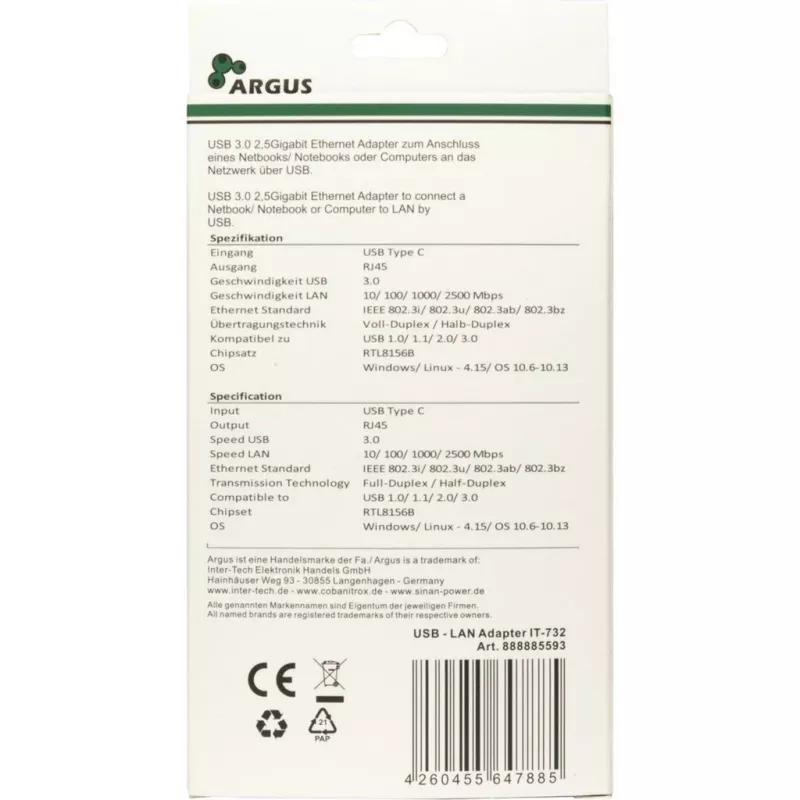 Adaptador Ethernet Inter-Tech IT-732 2500 Mbit/s USB Type-C Cableado