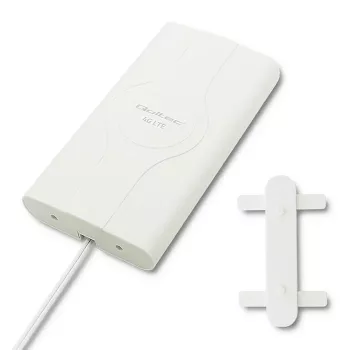 Antena omnidireccional QOLTEC 57013, 0,6–2,7 GHz, 30 dBi, polarización vertical, 50 Ω, carcasa de ABS blanca