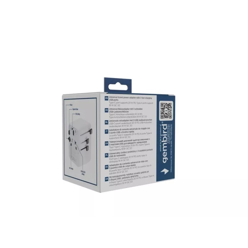 Fuente de alimentación de viaje GEMBIRD TPA-1A2C20-01-W — 20 W, USB-A (18 W) + 2× USB-C (20 W), enchufe tipo E, blanco