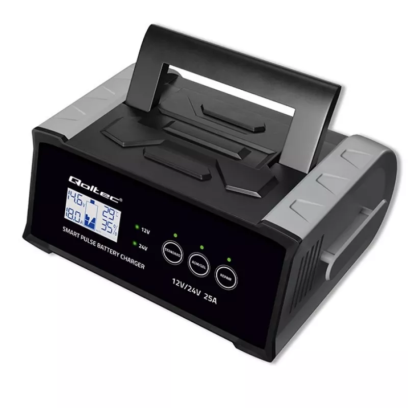 Cargador de baterías QOLTEC 52514 — 12V/24V, 25A, para baterías AGM/GEL/SLA con pantalla LCD
