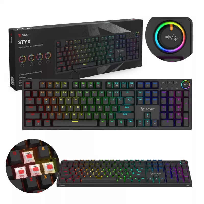SAVIO STYX teclado mecánico gaming, interruptores Outemu Red, hot-swap, tamaño completo, distribución US, RGB, USB con cable, cable de 1,5 m, negro
