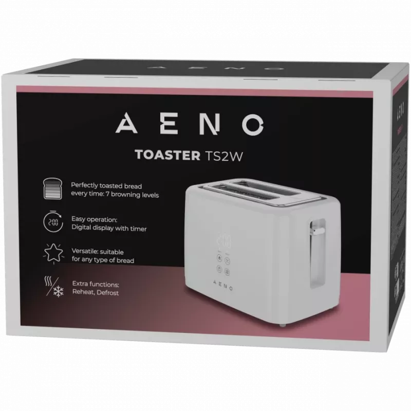 Tostadora AENO ATS0002W 2 ranuras, 780–930 W, 220–240 V 50–60 Hz, 3 modos, 7 niveles de tostado, blanca
