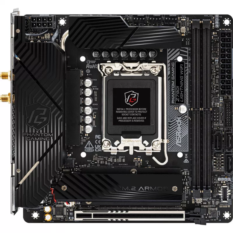 Placa base ASRock Z790I LIGHTNING WIFI — Intel Z790, LGA 1700, Mini-ITX, DDR5 hasta 8600 MHz, 2x DIMM, Wi‑Fi 6E, 2.5Gb LAN, 2x M.2