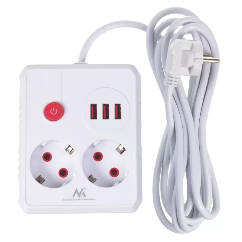 Regleta de enchufes MACLEAN MCE388 W – 2 enchufes, 3×USB, 110–240V, 2500W, cable de 3 m, blanca