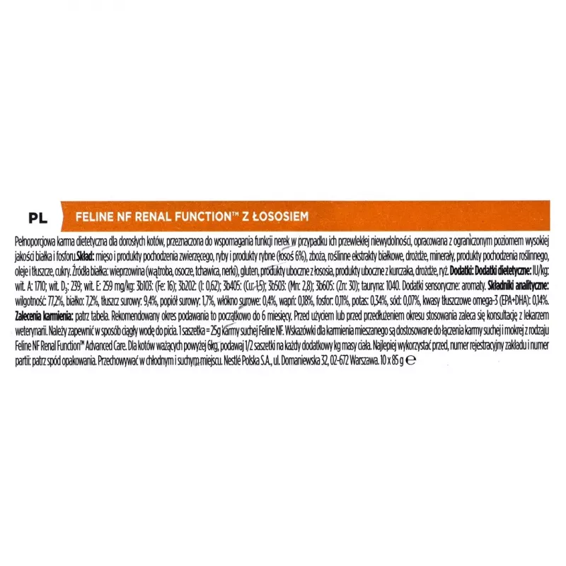 Comida húmeda para gatos Purina Nestlé NF Renal Function Feline Salmon 10 x 85 g dieta veterinaria