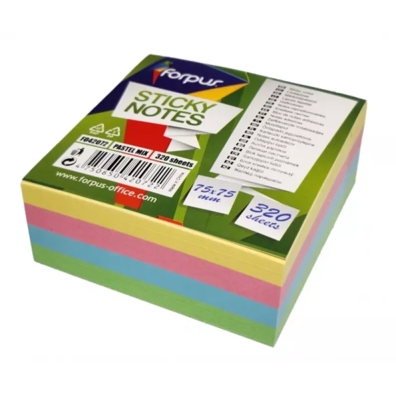 Notas adhesivas Forpus, 75x75 mm, surtido de 4 colores pastel, cubo (1x320)