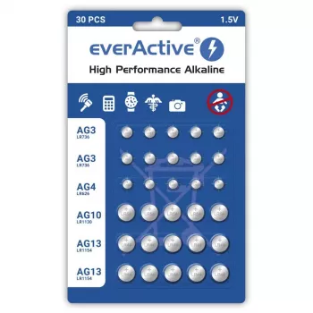 Pilas alcalinas everActive AGMIX30BL 1,5 V — Paquete de 30 uds., pilas de botón