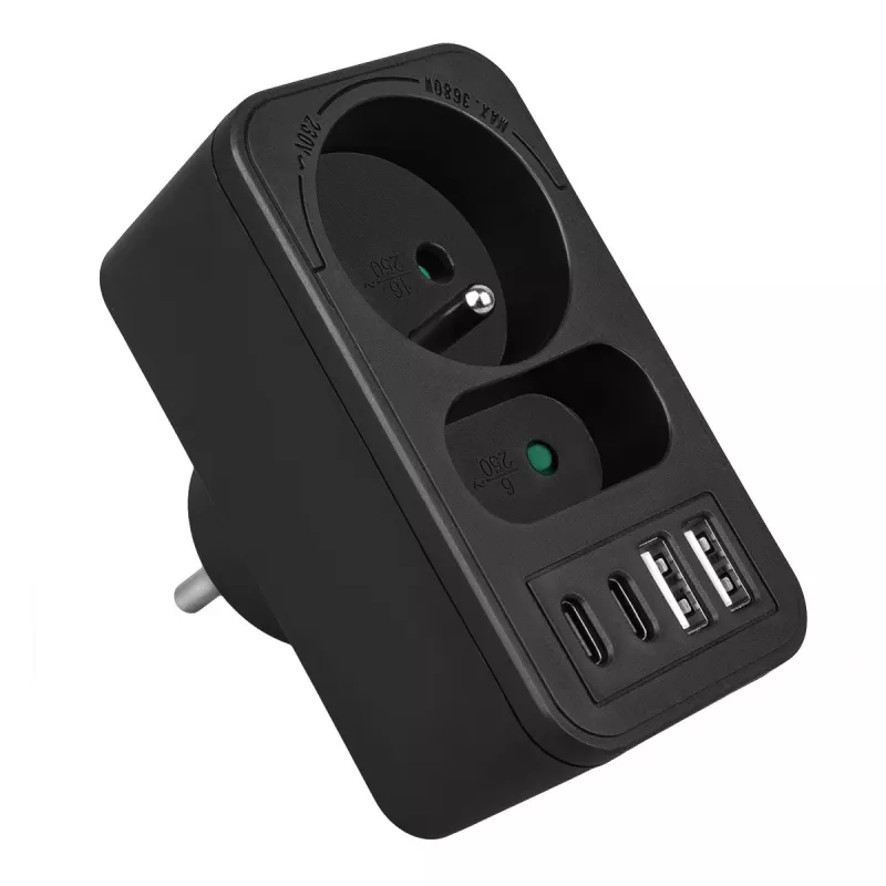 Regleta de enchufes MACLEAN MCE249 F/B – 2 tomas AC (16A + 6A) con 2×USB-A y 2×USB-C PD 20W, conector EU, negro