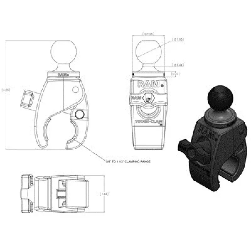RAM Mounts RAP-B-400U Tough-Claw base de abrazadera pequeña con bola de 1 pulgada (2,54 cm), para barras de 0,625–1,14 pulgadas