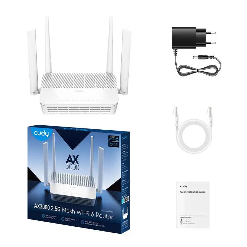 Router de sobremesa Cudy WR3000P Wi-Fi 6 dual band 2,4/5 GHz, Ethernet 2,5 Gigabit, 3 puertos LAN, blanco