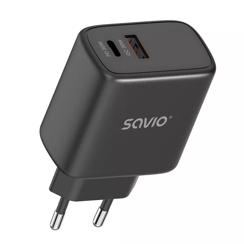 Cargador de pared SAVIO LA-06/B 30 W, USB-A + USB-C, Quick Charge, Power Delivery 3.0, negro