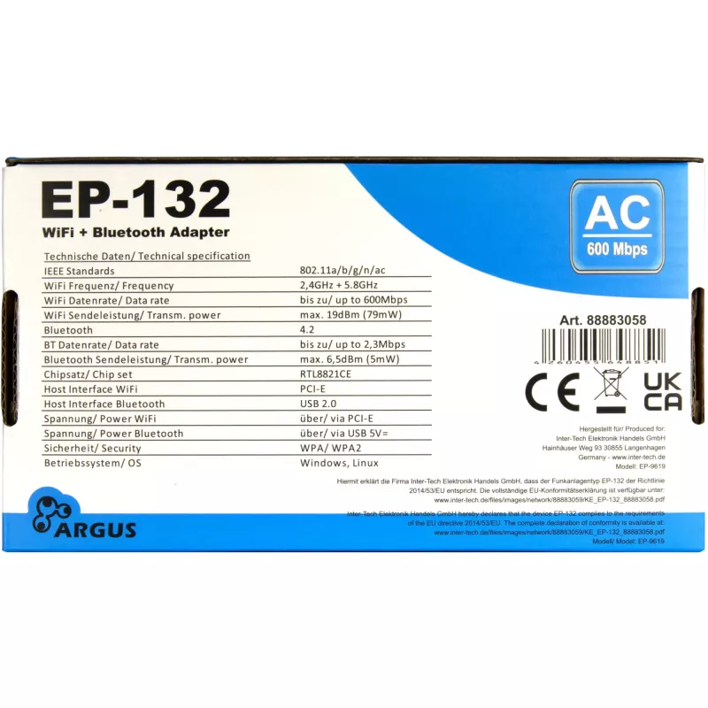 Adaptador de red USB inalámbrico INTER-TECH Argus EP-132, USB 2.0, Wi-Fi 5 (hasta 600 Mbit/s)