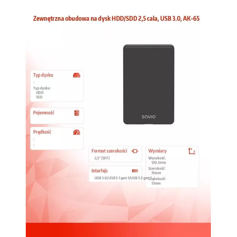 Carcasa para disco duro/SSD SAVIO AK-65 Negra 2,5