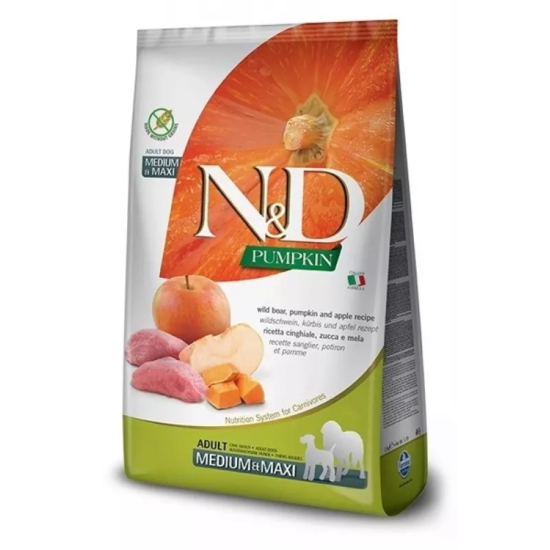 Pienso para perros Farmina N&D Pumpkin BOAR & APPLE para perros adultos de razas medianas y grandes, 12 kg, sin cereales, 30 % proteína