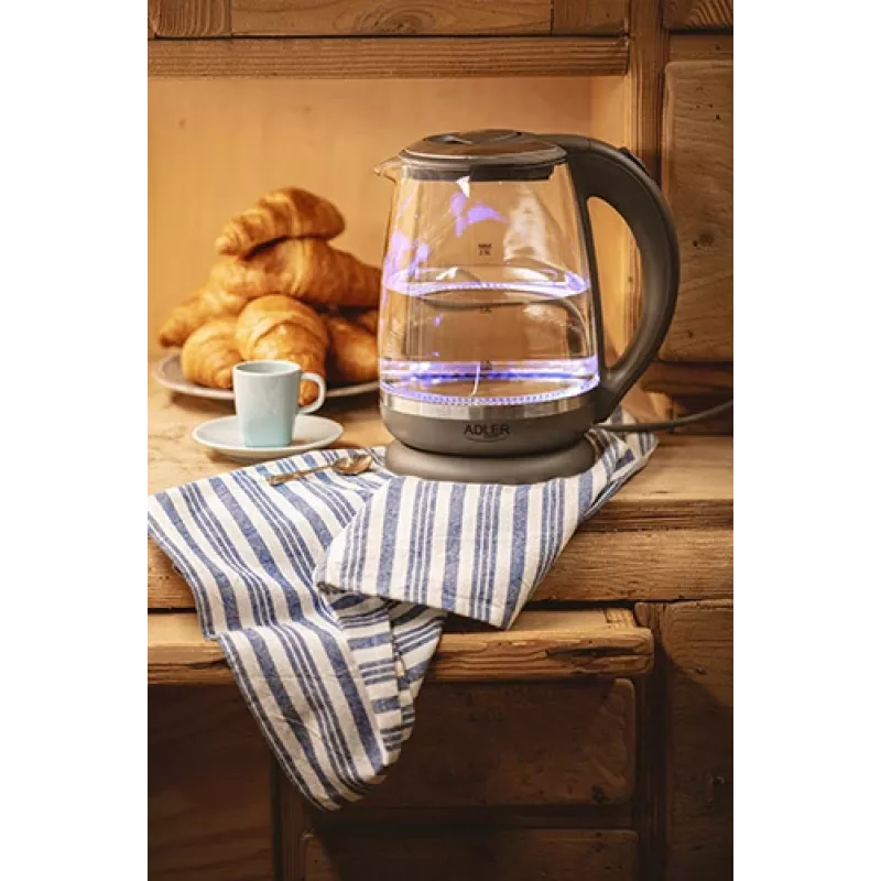 Adler | Hervidor | AD 1286 | Estándar | 2200 W | 2 L | Plástico/Cristal | Base giratoria 360° | Gris/Transparente