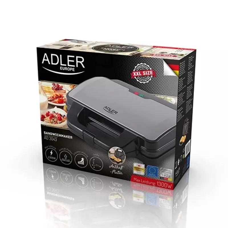 Sandwichera Adler AD 3043, 1300 W, placas antiadherentes, 2 sándwiches, superficie de cocción 285 × 152 mm, negra