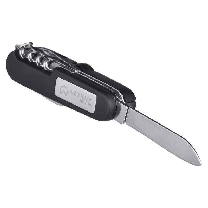 Navaja AZYMUT Izeron Multiusos — 13 herramientas, acero inoxidable 420J2/3CR13, plegada 9 cm, 91 g, funda de cuero para cinturón, luz y brújula integradas