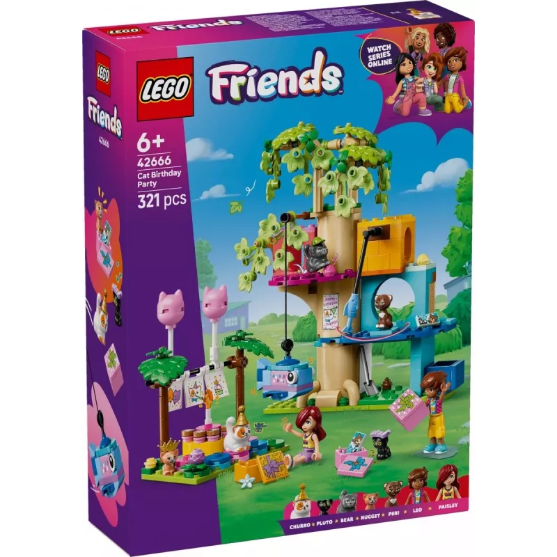 Juguete de construcción LEGO Friends 42666 set de juego casa del árbol fiesta de cumpleaños de gatos, 321 piezas, 6+ años, 180×160×100 mm