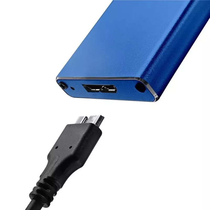 Carcasa SSD QOLTEC 51832 — externa M.2 SATA, USB 3.0, hasta 2 TB, azul, compatible con unidades de 30 mm, 4 ranuras