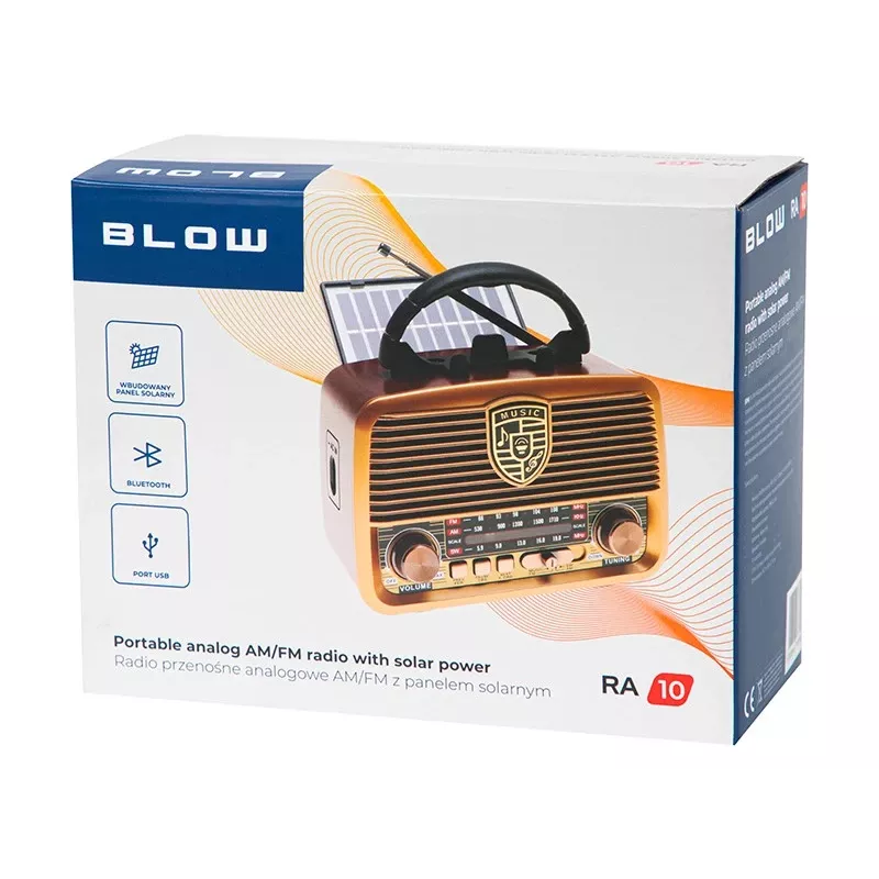 Radio analógica BLOW RA10 AM/FM solar 77-540 — receptor AM/FM con panel solar y batería de respaldo