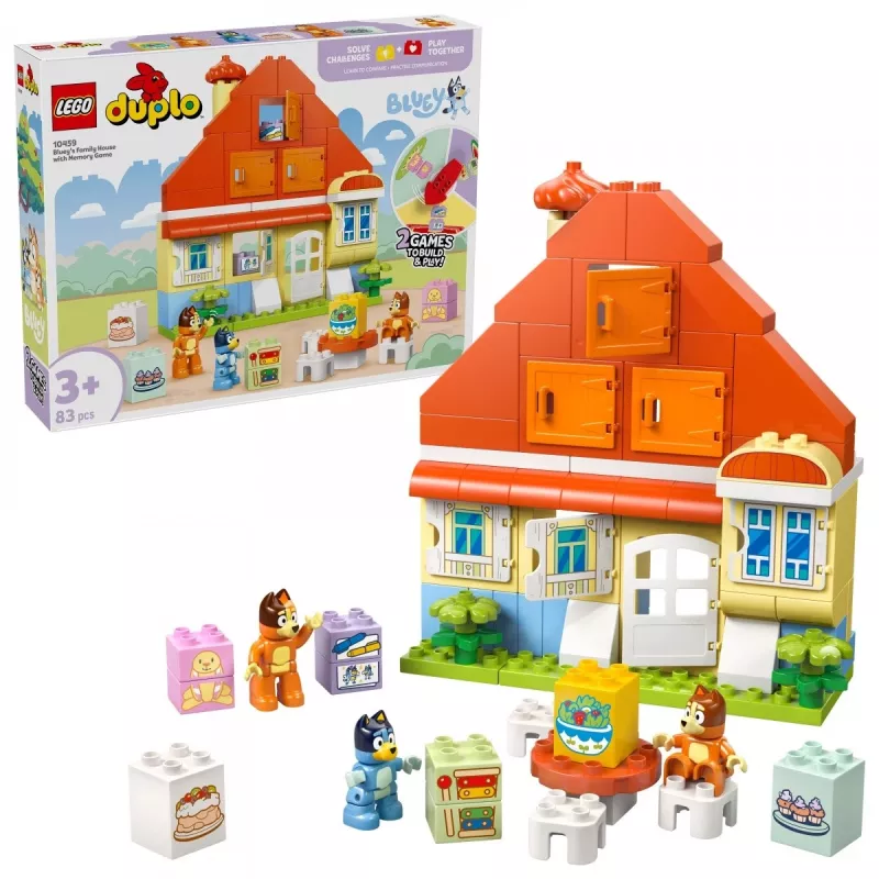 Juguete de construcción LEGO Bluey Casa familiar con juego de memoria 10459 — 83 piezas, 3 minifiguras, edad 3+