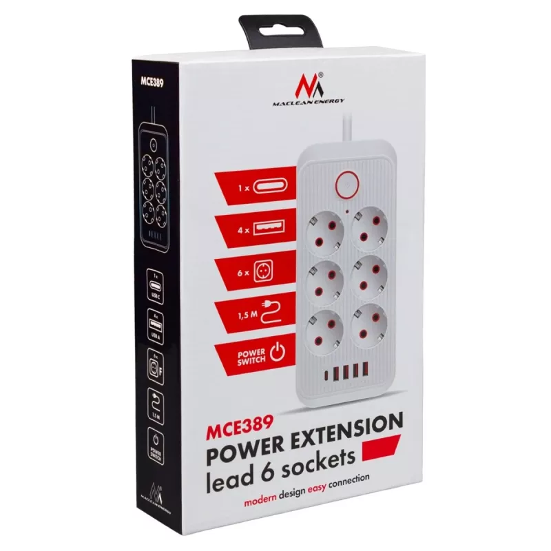 Regleta de enchufes MACLEAN MCE389 W — 6 enchufes, 4×USB-A, 1×USB-C, 2500W, 110–240V, cable de 1,5 m, blanca