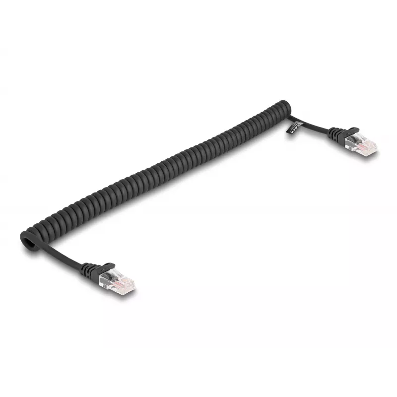 Cable de red DeLOCK Cable espiral RJ45 conector a conector Cat.5e 1 m negro
