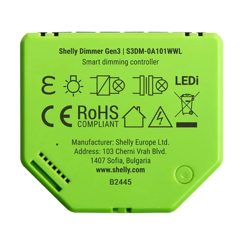Regulador empotrable Shelly Dimmer Gen3 — LED máx. 150W, halógeno máx. 200W, 220–240V, inalámbrico, negro/lime