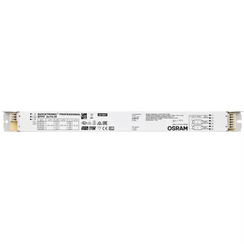 Balasto/Driver LED Osram QTP5 2X14…35, vida útil 100000 h, entrada 198–264 V, 50/60 Hz, 24 A, -20–50 °C, 30×360×21 mm