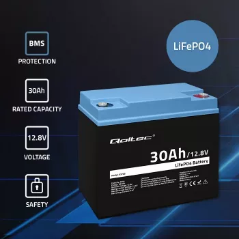 Batería LiFePO4 recargable QOLTEC 12,8V 30Ah 384Wh con BMS