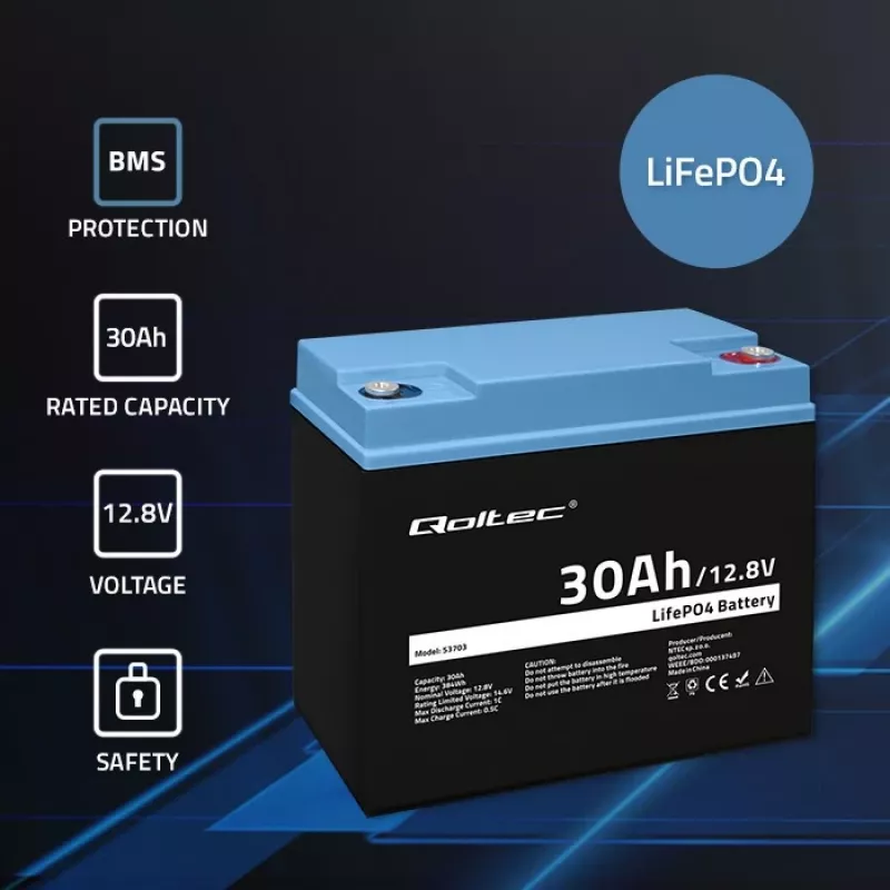 Batería LiFePO4 recargable QOLTEC 12,8V 30Ah 384Wh con BMS