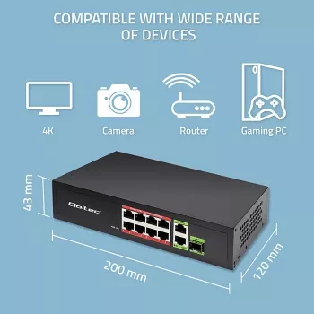 Switch Ethernet QOLTEC 52297 PoE RJ45 con uplink PoE y puerto SFP