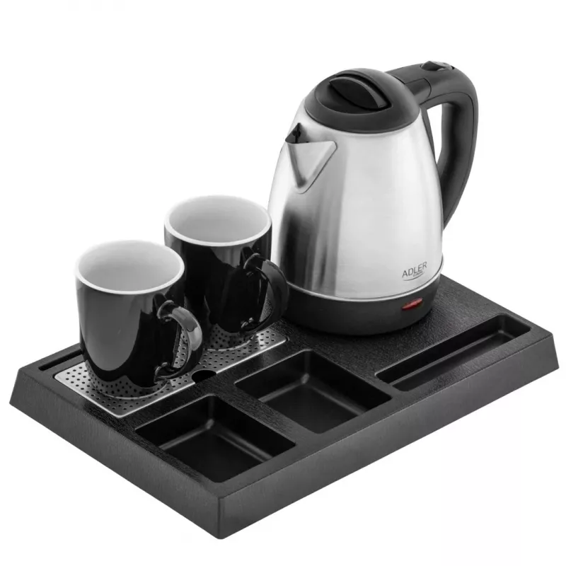 Adler AD 1354 hervidor de agua de hotel acero inoxidable 1,2 L + bandeja con tazas negro, acero