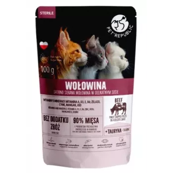 Sobre de comida húmeda para gatos PetRepublic STERIL 100 g — filetes con ternera, para gatos adultos esterilizados