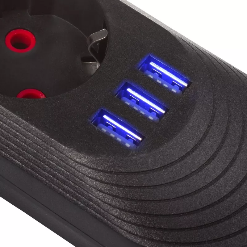 Regleta de enchufes MACLEAN MCE394 B — 3 tomas + 3×USB A, 110–240V, 2,1A USB, 2500W, cable 1,5 m, negro