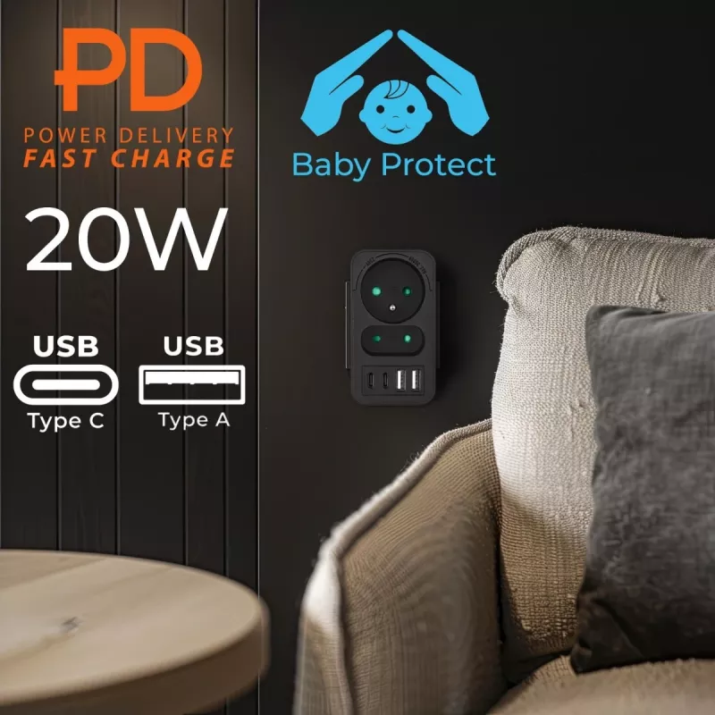 Regleta de enchufes MACLEAN MCE249 F/B – 2 tomas AC (16A + 6A) con 2×USB-A y 2×USB-C PD 20W, conector EU, negro
