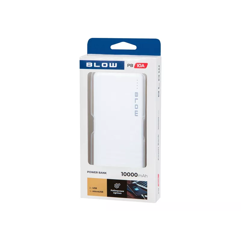 Blow PB10A batería externa 10000 mAh, 2x USB (1A + 2,1A), entrada micro USB, Li-Po, blanca