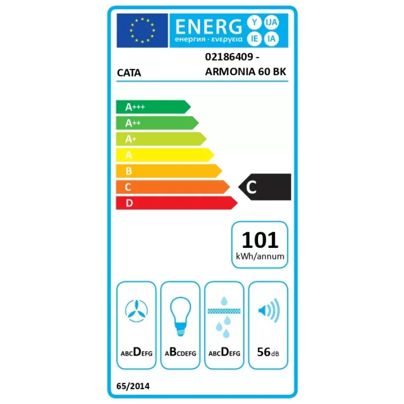 CATA Armonia 60 BK campana extractora, 645 m³/h, ancho 79,8 cm, clase energética C, LED, negro