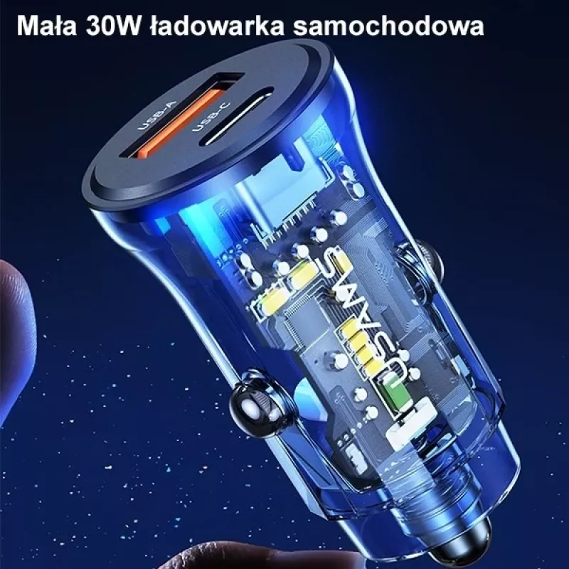 Cargador de coche usams CC164CC01 30W con 1×USB-A y 1×USB-C para carga rápida