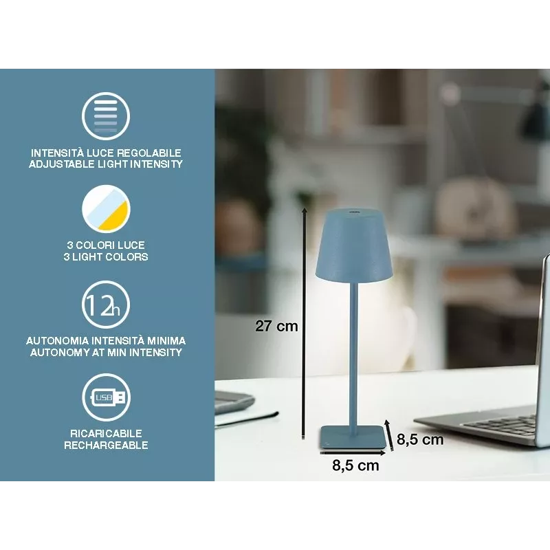 Beper P207ILI200 lámpara de mesa LED recargable, interruptor táctil, regulable, azul pizarra