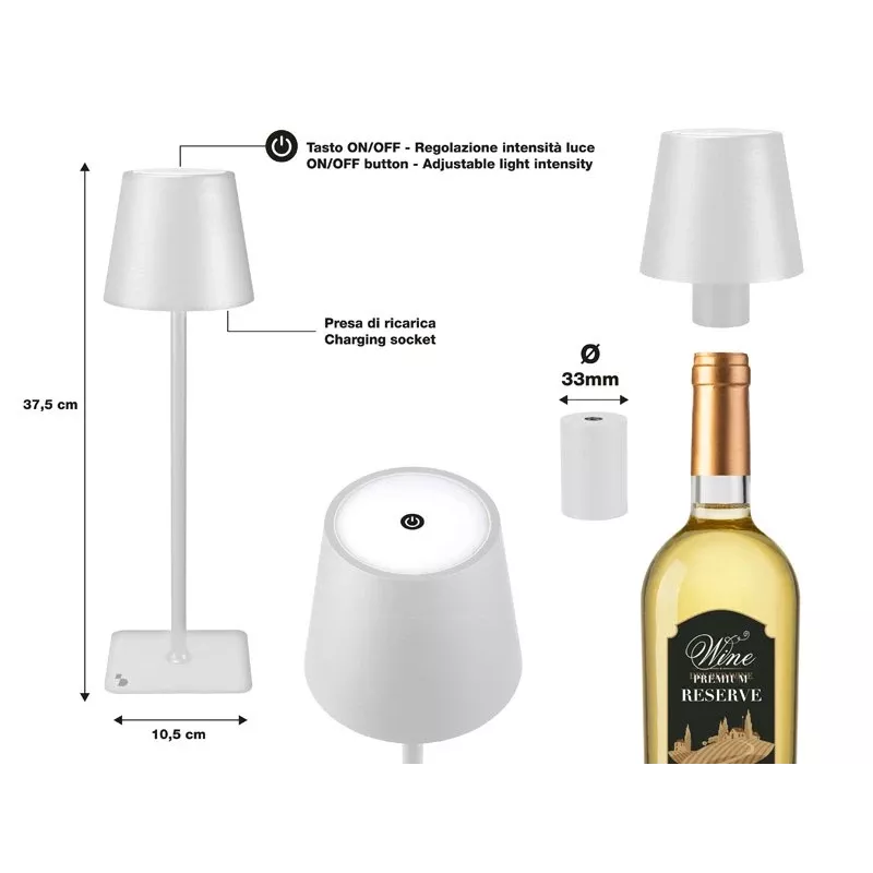 Beper P201UTP119 lámpara de mesa LED recargable, 1,5 W, interruptor táctil, regulable, adaptador para botella de 33 mm, resistente al agua, plateada