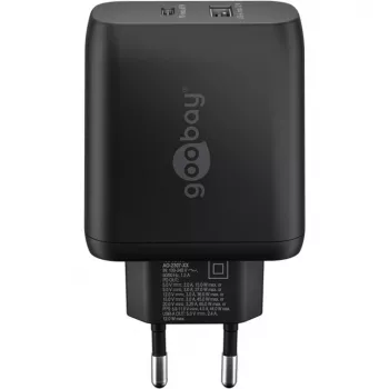 Cargador dual rápido USB-C, PD, GaN, 65 vatios (negro, 1x USB-C, 1x USB-A, Power Delivery)
