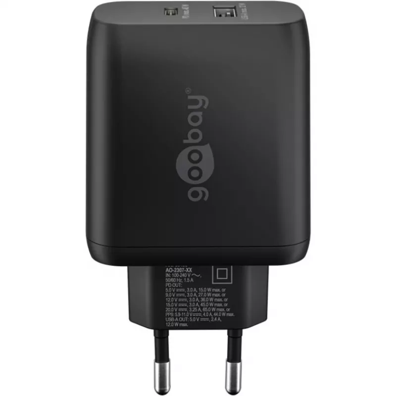 Cargador dual rápido USB-C, PD, GaN, 65 vatios (negro, 1x USB-C, 1x USB-A, Power Delivery)