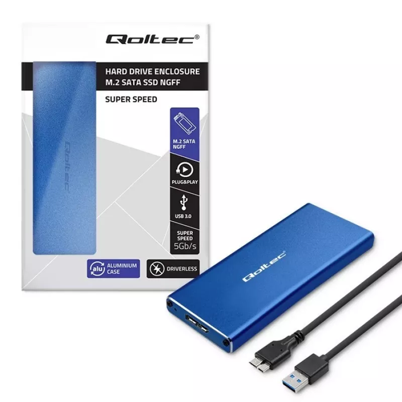 Carcasa SSD QOLTEC 51832 — externa M.2 SATA, USB 3.0, hasta 2 TB, azul, compatible con unidades de 30 mm, 4 ranuras